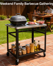 2-Tier Outdoor Grill Cart With Stainless Steel Top, Locking Wheels & Tool Hooks, Movable BBQ Prep Table With Mesh Shelf, Rolling Serving Bar Cart For Patio, Backyard, Pizza Oven Stand, Black