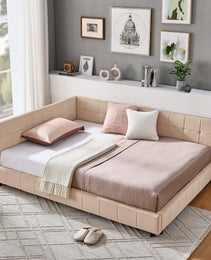 Full Size Upholstered Tufted  Bed Frame, Sofa Bed Frame With Comfortable Backrest And Armrests, Full Size Bed For Bedroom, Living Room,Velvet, PINK 80.5x59x30.5