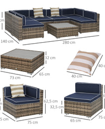 7-Piece Outdoor Wicker Patio Sofa Set, Modern Rattan Conversation Furniture Set with Cushions, Pillows and Tea Table - Blue