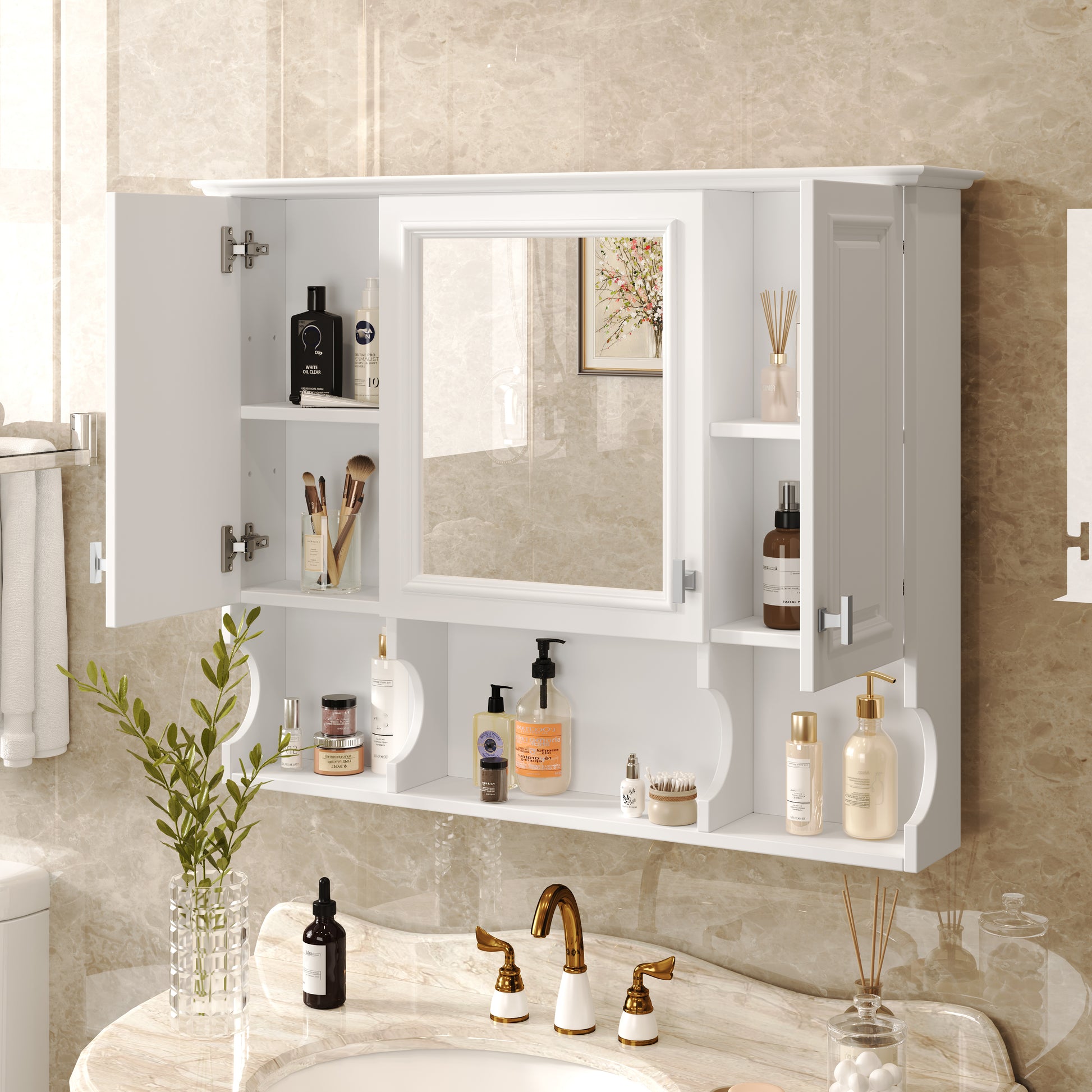 35'' X 28'' Wall Mounted Bathroom Medicine Cabinet, Modern Bathroom Wall Cabinet With Mirror,  Mirror Cabinet With Open Shelves