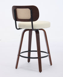 Set Of 3 Counter Height Bar Stools  26 Inch Rattan Counter Height Stools With Cane Back, Upholstered Seat, Walnut Craftsmanship, Swivel Counter Stools For Island  Kitchen  Counter  Bar Walnut Beige