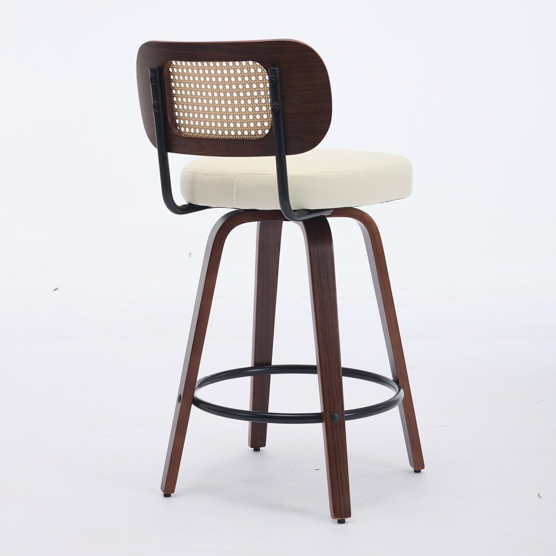 Set Of 3 Counter Height Bar Stools  26 Inch Rattan Counter Height Stools With Cane Back, Upholstered Seat, Walnut Craftsmanship, Swivel Counter Stools For Island  Kitchen  Counter  Bar Walnut Beige
