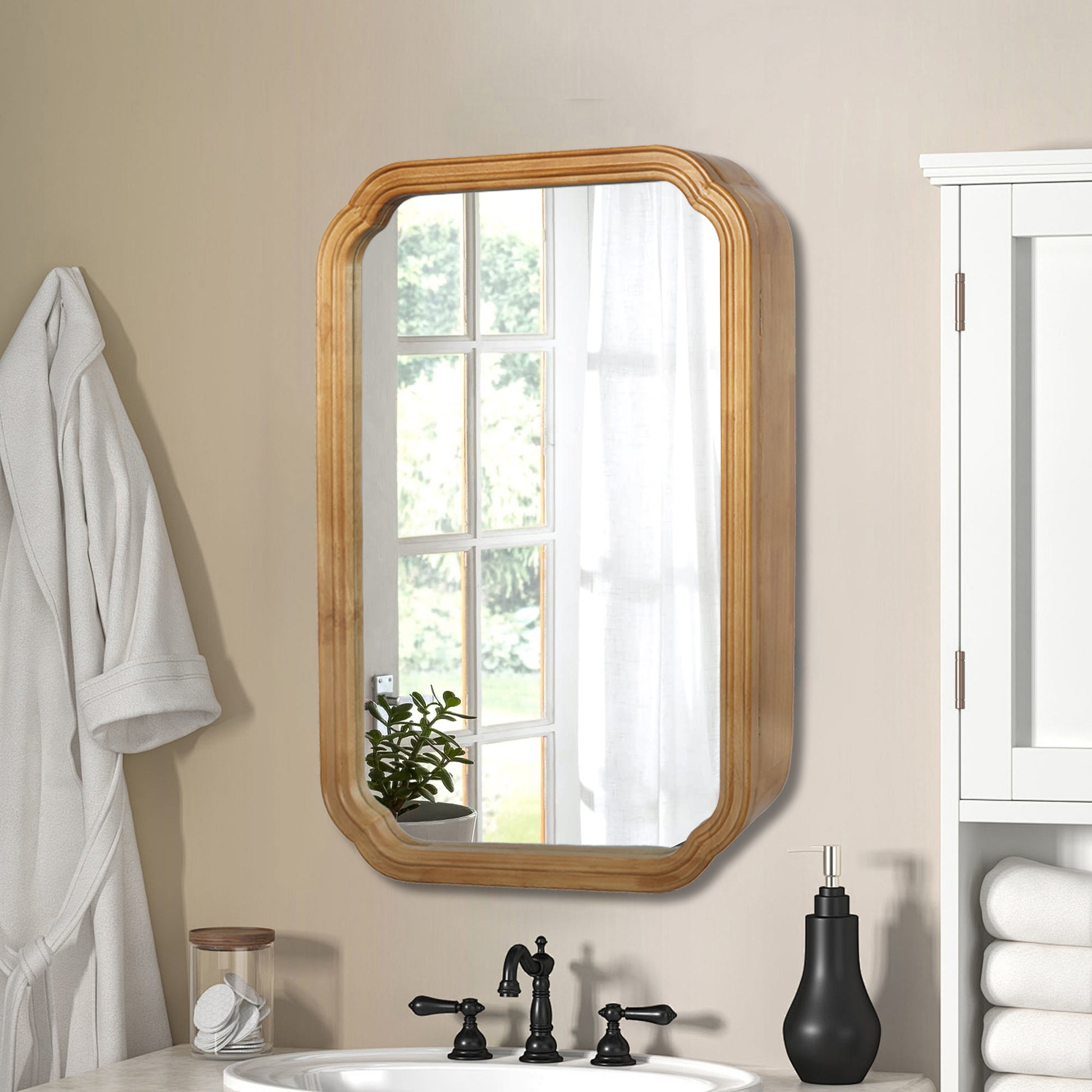29.72x19.69 Inches Functional Mirror With Cabinet, Wood Framed Bathroom Wall Cabinet With Mirror And Adjustable Shelves, Wall Mounted Mirror With Storage For Bathroom