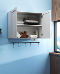 Bathroom Wall Cabinet With Adjustable Shelf, Towel Bar, 5 Hooks, Over The Toilet Storage Cabinet For Bathroom, Kitchen, White