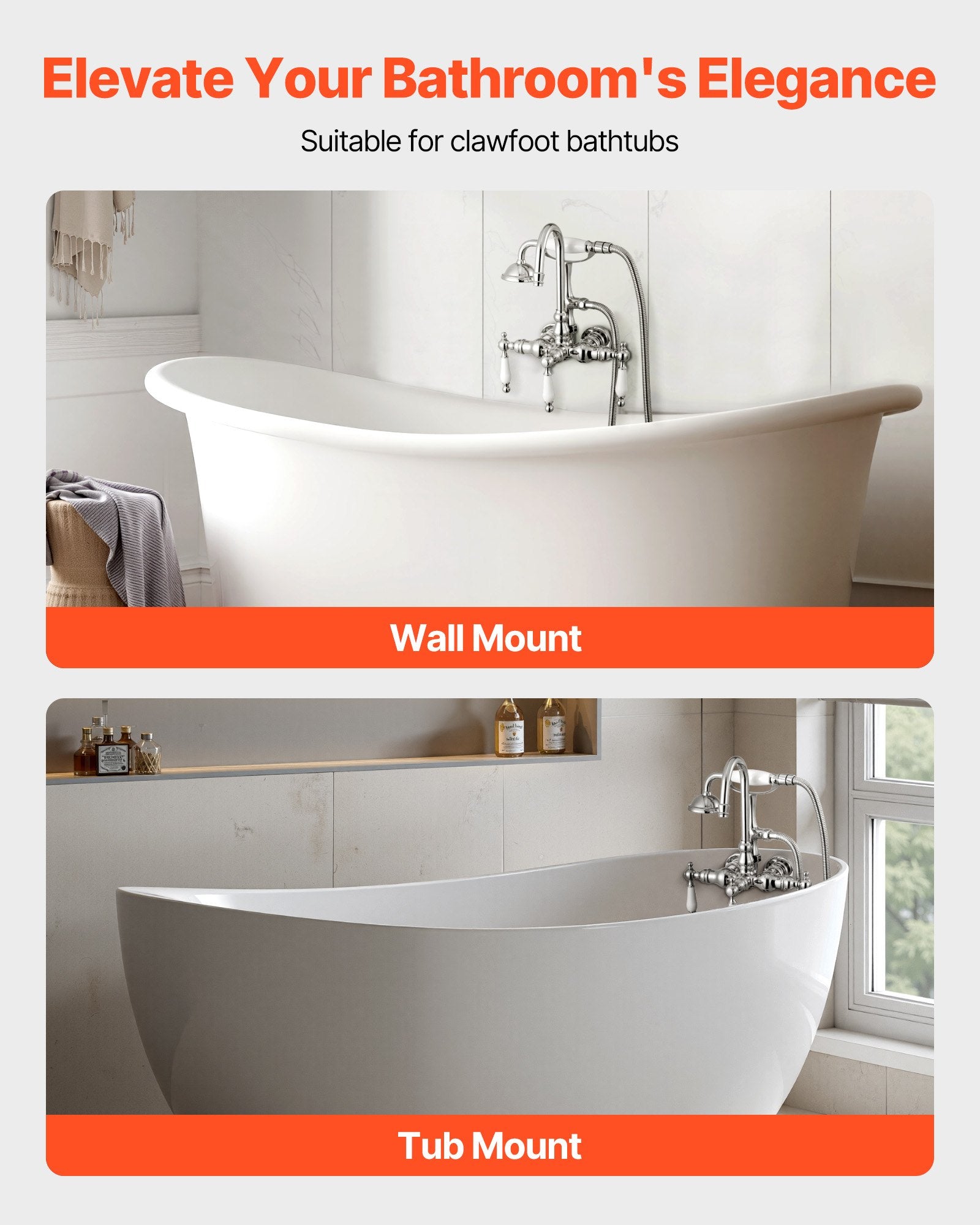 Clawfoot Tub Faucet, Wall-Mounted Bathtub Faucets With Handheld Shower, Polished Chrome Clawfoot Tub Filler Faucet Shower Kit With 59" Long Hose & Gooseneck Spout, Modern & Vintage For Bathtubs