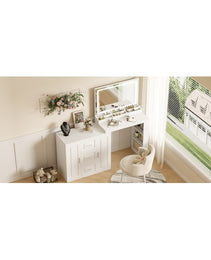 59Makeup Vanity Desk With Mirror, Vanity Mirror With Lights, Dressing Table With 3 Drawers And 2 Cabinets, Vanity Table With Storage Shelves For Bedroom, White - CJDS