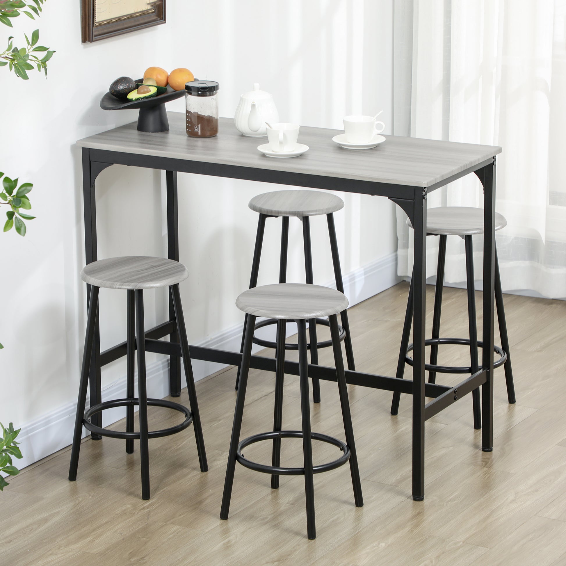 5-Piece Counter Height Bar Table Set, Rustic 43.25" Dining Table With 4 Bar Stools, Kitchen Table With Wooden Top For Pub, Dining Room, Gray