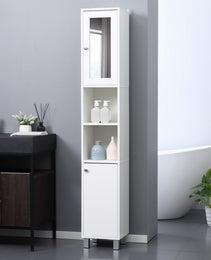 Tall Bathroom Storage Cabinet with Mirror, Wooden Freestanding Tower Cabinet with Adjustable Shelves for Bathroom or Living Room, White