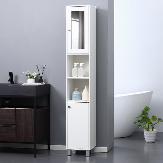 Tall Bathroom Storage Cabinet with Mirror, Wooden Freestanding Tower Cabinet with Adjustable Shelves for Bathroom or Living Room, White