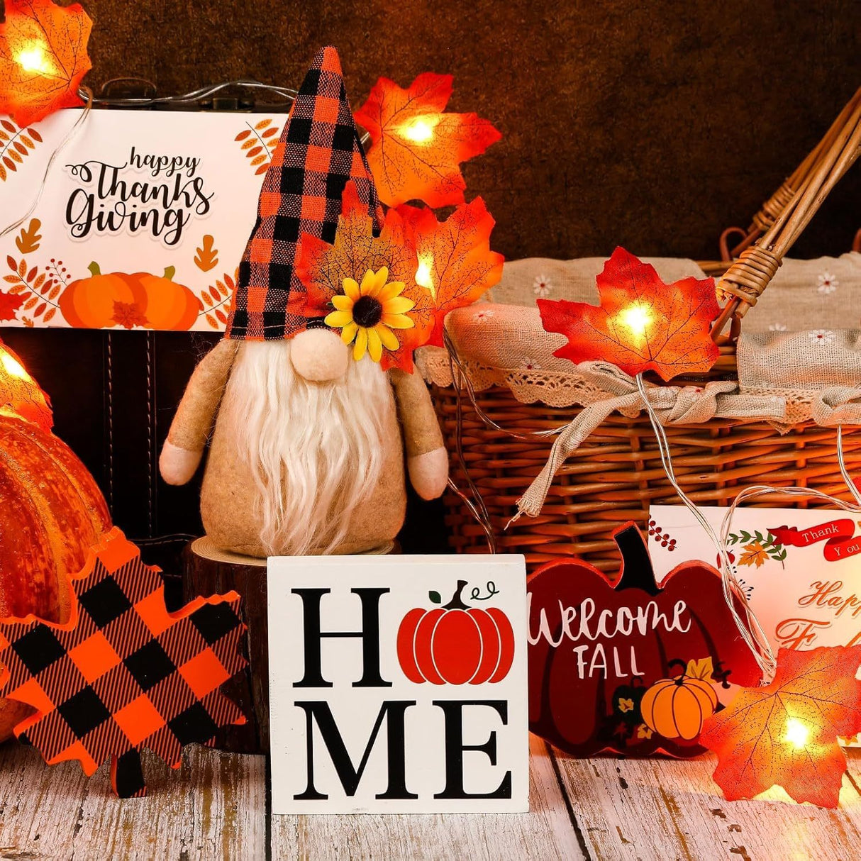 Fall Gnome Tiered Tray Decorations Set Farmhouse Pumpkin Decor Autumn Maple Leaf Table Centerpieces With Fall String Lights Thankgiving Day Fall Greeting Card Autumn Harvest Decorations - CJDS - FC