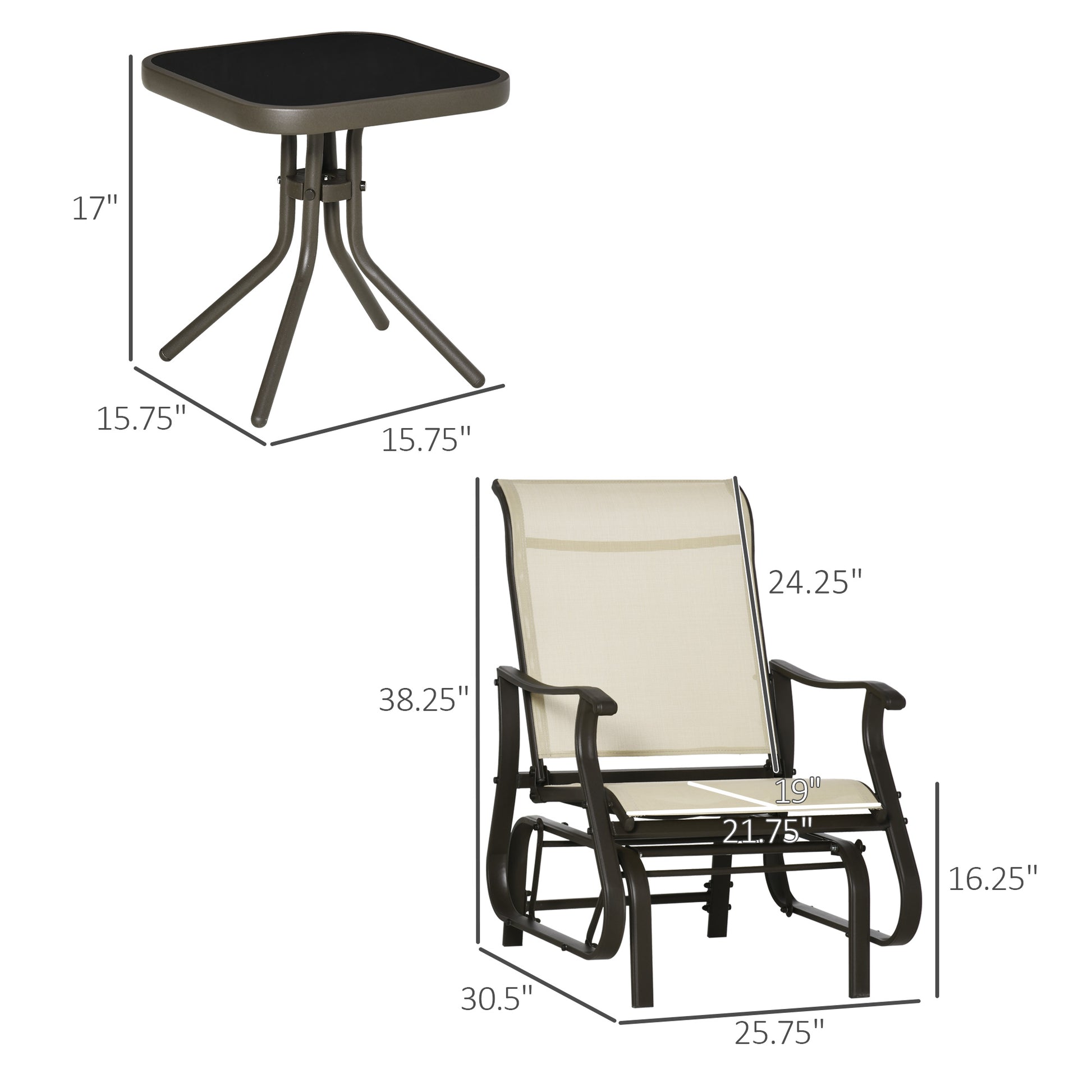 3-Piece Outdoor Gliders Set Bistro Set with Steel Frame, Tempered Glass Top Table for Patio, Garden, Backyard, Lawn, Beige