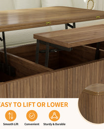 3 In 1 Lift Top Coffee Table, Fluted Convertible Coffee Tables Converts To Dining Tables, Modern Oval Wooden Center Table With Storage For Living Room Office Small Space Walnut