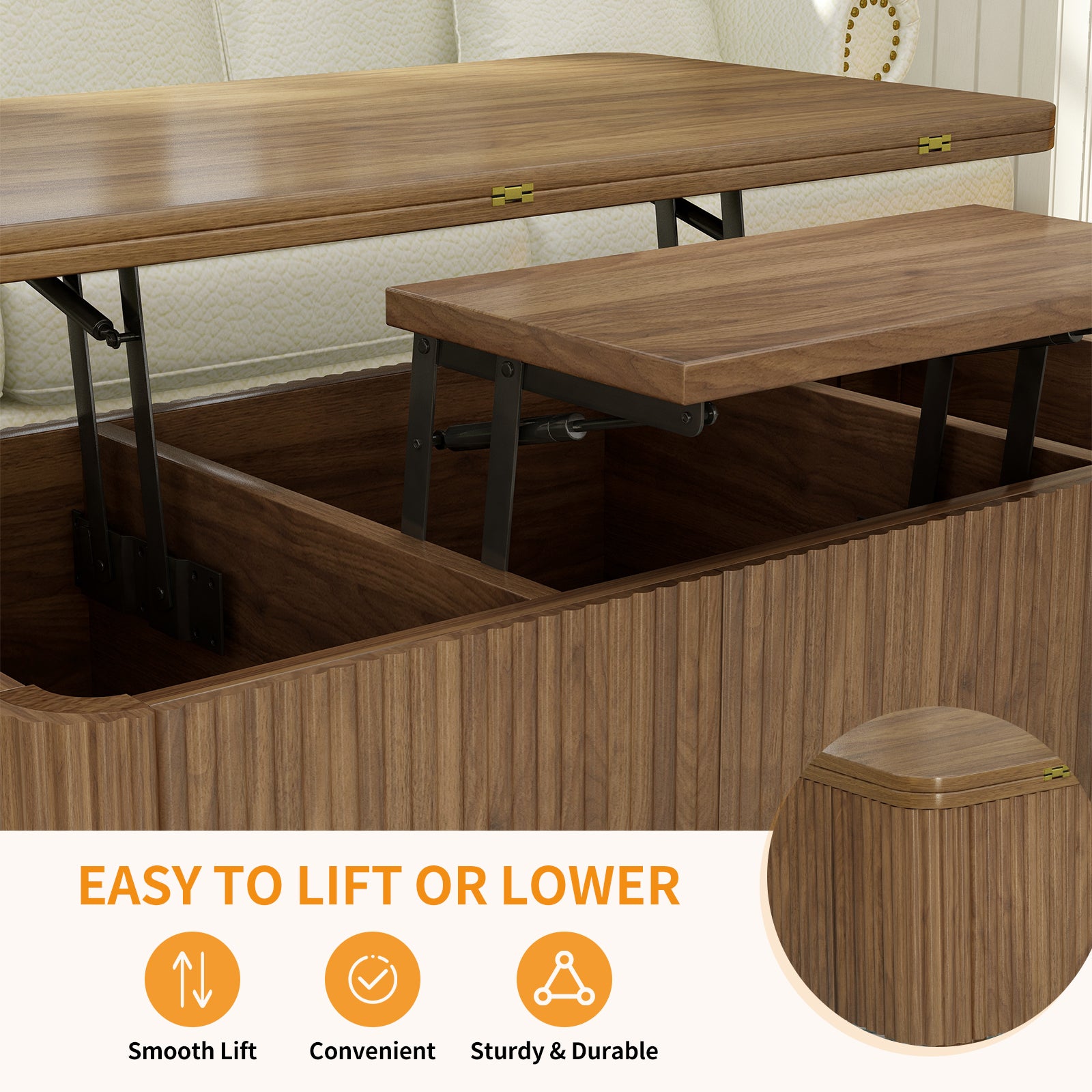 3 In 1 Lift Top Coffee Table, Fluted Convertible Coffee Tables Converts To Dining Tables, Modern Oval Wooden Center Table With Storage For Living Room Office Small Space Walnut