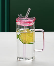 1 Pcs Pink Glass Straw Cup, 6 Colors Square Glass Cup With Straw And Lid, High Borosilicate Glass Cup, Milk Cup, Juice Cup, Cold Drink Cup, Coffee Cup, Tea Cup, Office Cup, Gift Cup