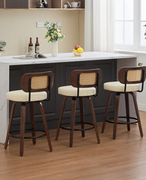 Set Of 3 Counter Height Bar Stools  26 Inch Rattan Counter Height Stools With Cane Back, Upholstered Seat, Walnut Craftsmanship, Swivel Counter Stools For Island  Kitchen  Counter  Bar Walnut Beige