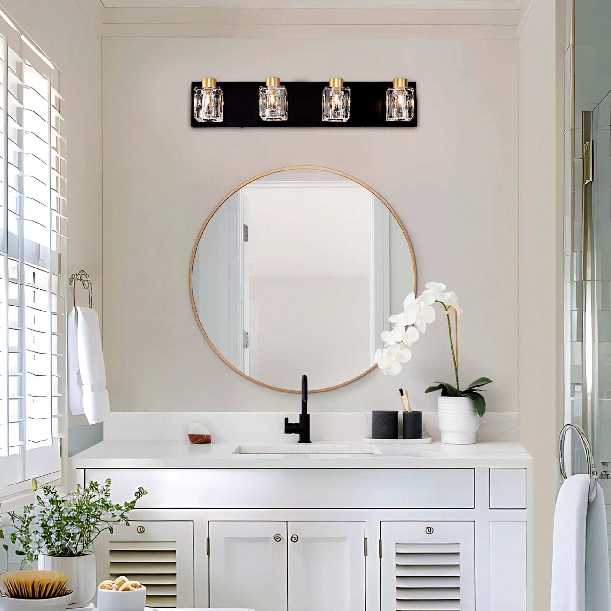 4-Light Matte Black Gold Bathroom Light Fixtures, Modern Vanity Lights With Crystal Glass Shade, Vintage Light Fixture Bathroom Over Mirror Wall Lights For Kitchen Dinning Room Bedroom Hallway - CJDS