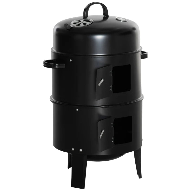 3-in-1 Vertical Charcoal BBQ Smoker Grill With 2 Cooking Areas And Thermometer
