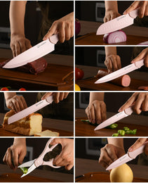 13-Piece Pink Kitchen Knife Set with Guards – Stainless Steel Non-Stick Knives Set with Sheaths & Kitchen Scissors