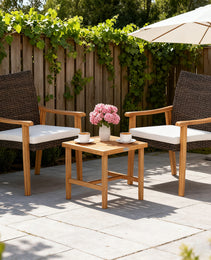 3 Pieces Patio PE Wicker Furniture Set Acacia Wood Outdoor Conversation Bistro Set