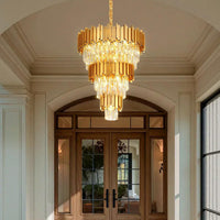 Modern Gold 5-Tier Chandelier Lighting Luxury Long Staircase K9 Crystal Chandeliers Large Foyer Villa Entrance Chandeliers for High Ceiling