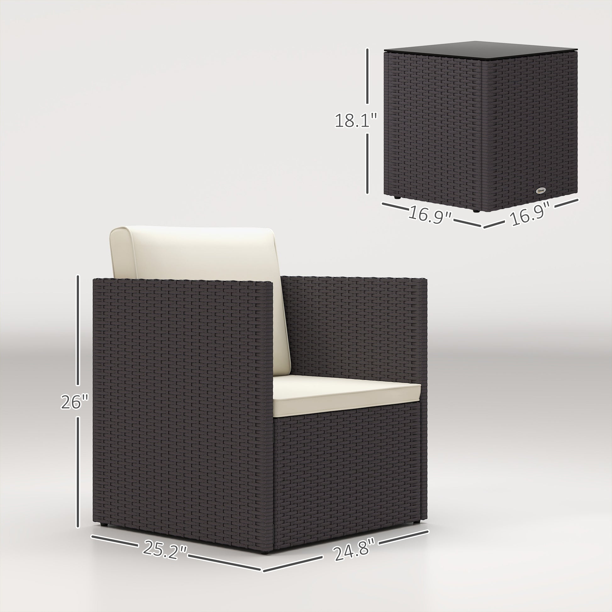 Folding Wicker Bistro Set, 3 Piece Patio Furniture Set with Cushions and Glass Coffee Table for Porch, Balcony, Brown