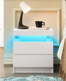 Nightstand LED Bedside Table Cabinet Lights Modern End Side With 2 Drawers For Bedroom White