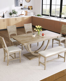 TOPMAx 6- Piece Wood Half Round Dining Table Set Kitchen Table Set With Long Bench And 4 Dining Chairs  Modern Style  Natural