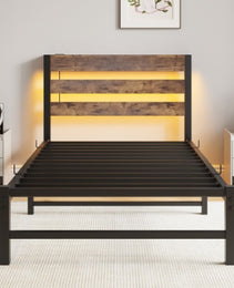 Twin Size Bed Frame Heavy Duty Platform Bed Frame With Headboard, USB Charging Station, LED Bed, No Box Spring Needed, Mattress Foundation, Strong Steel Slats, Noise Free, Brown