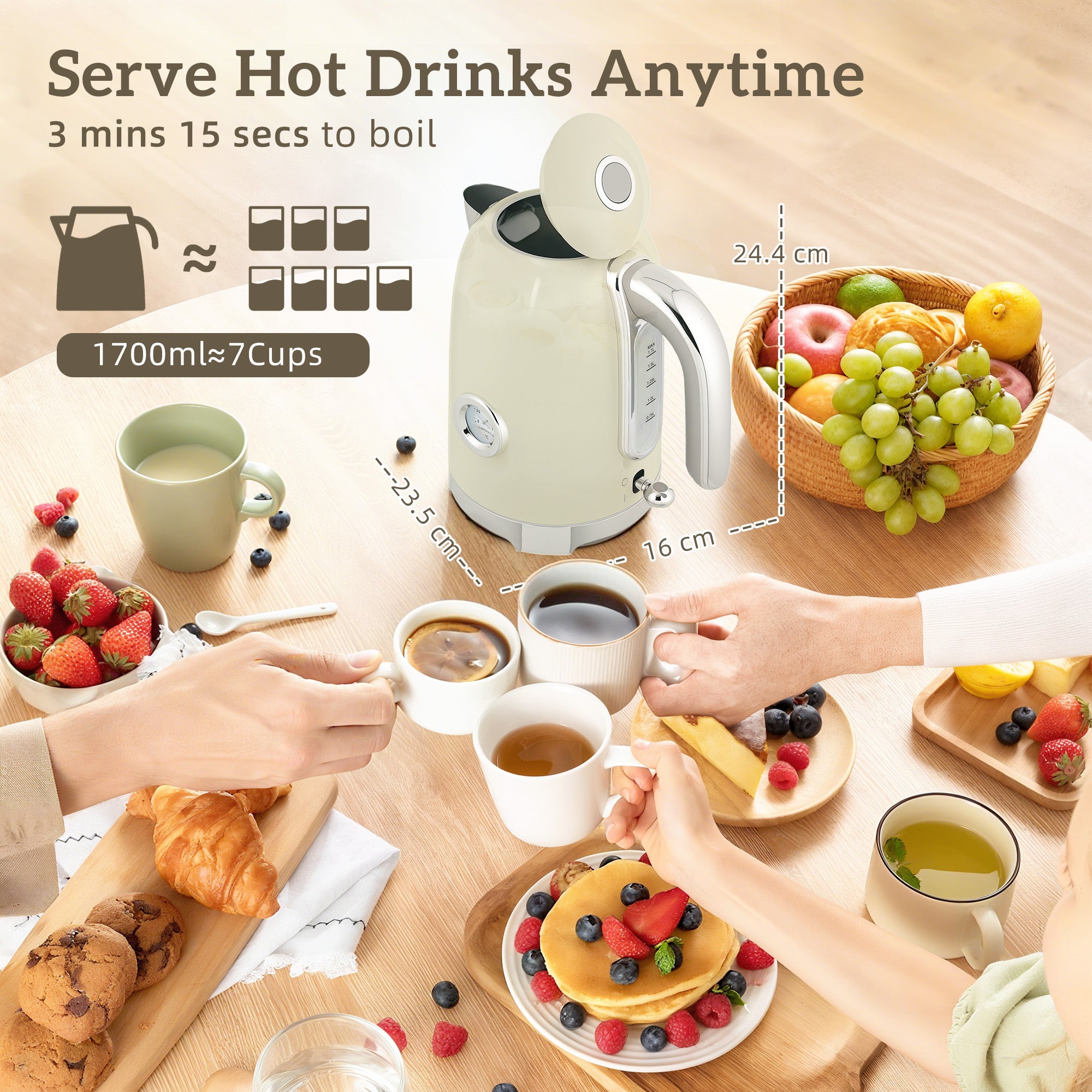 Retro Grey Breakfast Set: 1.7L Rapid-Boil Kettle & 4-Slice Toaster – Vintage Aesthetics with Real-Time Temperature Gauge