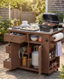 TOPMAx Outdoor Solid Wood Extendable 19.3  28  Kitchen Island  Stainless Steel Top Grill Table With Side Spice Rack  Kitchen Cart With Drawers  Storage Cabinet For Backyard  BBQ Party  Brown