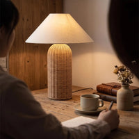 Bedside Lamp Rattan Base Fabric Shade Night Table Lamp Decorative Lighting for Bedroom Living Room