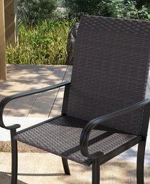 Set of 2 Outdoor Wicker Dining Chairs with Armrest, Steel Frame, High Back and Deep Seating, Brown