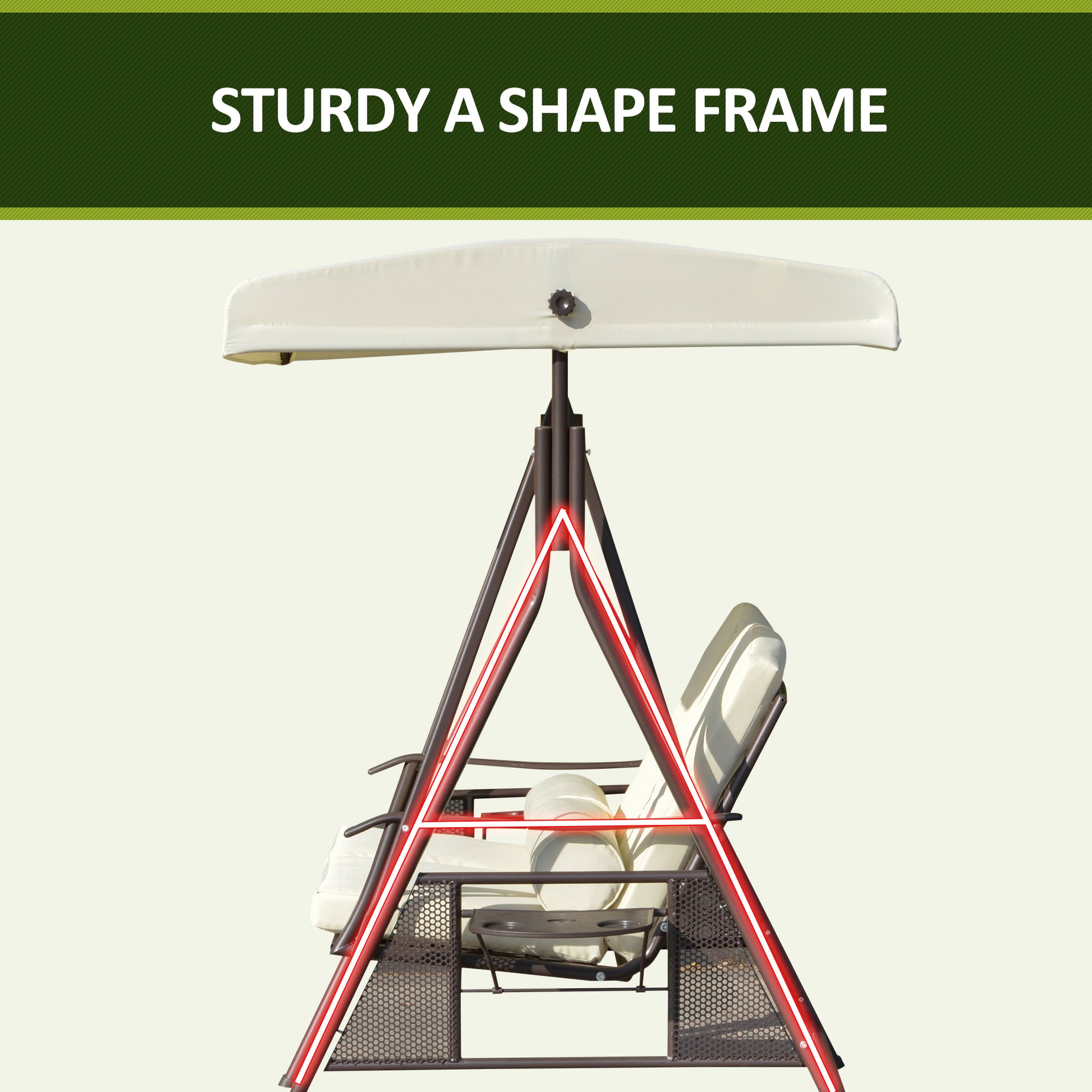 2-Person Patio Swing Bench with Adjustable Shade Canopy, Soft Cushions, Throw Pillows and Tray, Beige.