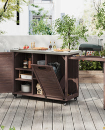 K&K 78.3  Outdoor Kitchen Island With Foldable Grill Table, Wooden Outdoor Grill Cart With Trash Can Storage & Stainless Steel Top, Outdoor Bar Cart, Pizza Oven Table For Lawn & Garden, Dark Brown