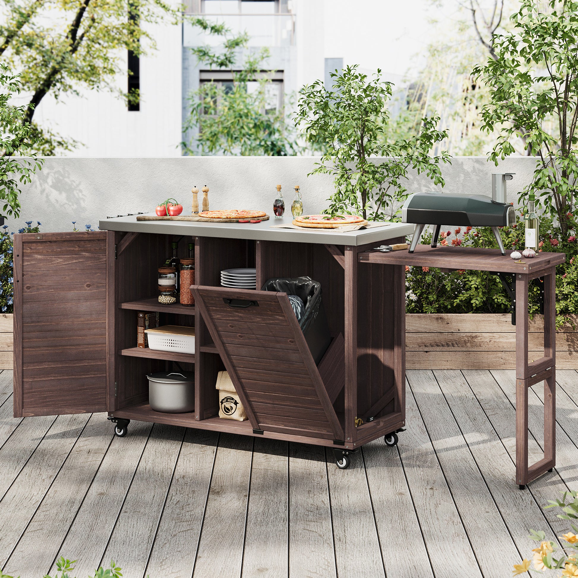 K&K 78.3  Outdoor Kitchen Island With Foldable Grill Table, Wooden Outdoor Grill Cart With Trash Can Storage & Stainless Steel Top, Outdoor Bar Cart, Pizza Oven Table For Lawn & Garden, Dark Brown