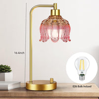 Pink Table Lamp Set of 2,Small Gold Bedside Lamps Dimmable Boho Bedroom Lamp with Tulip Flower Glass Lamp Shade,Vintage Mid Century Modern Mini Nightstand Lamp for Bedroom Living Room