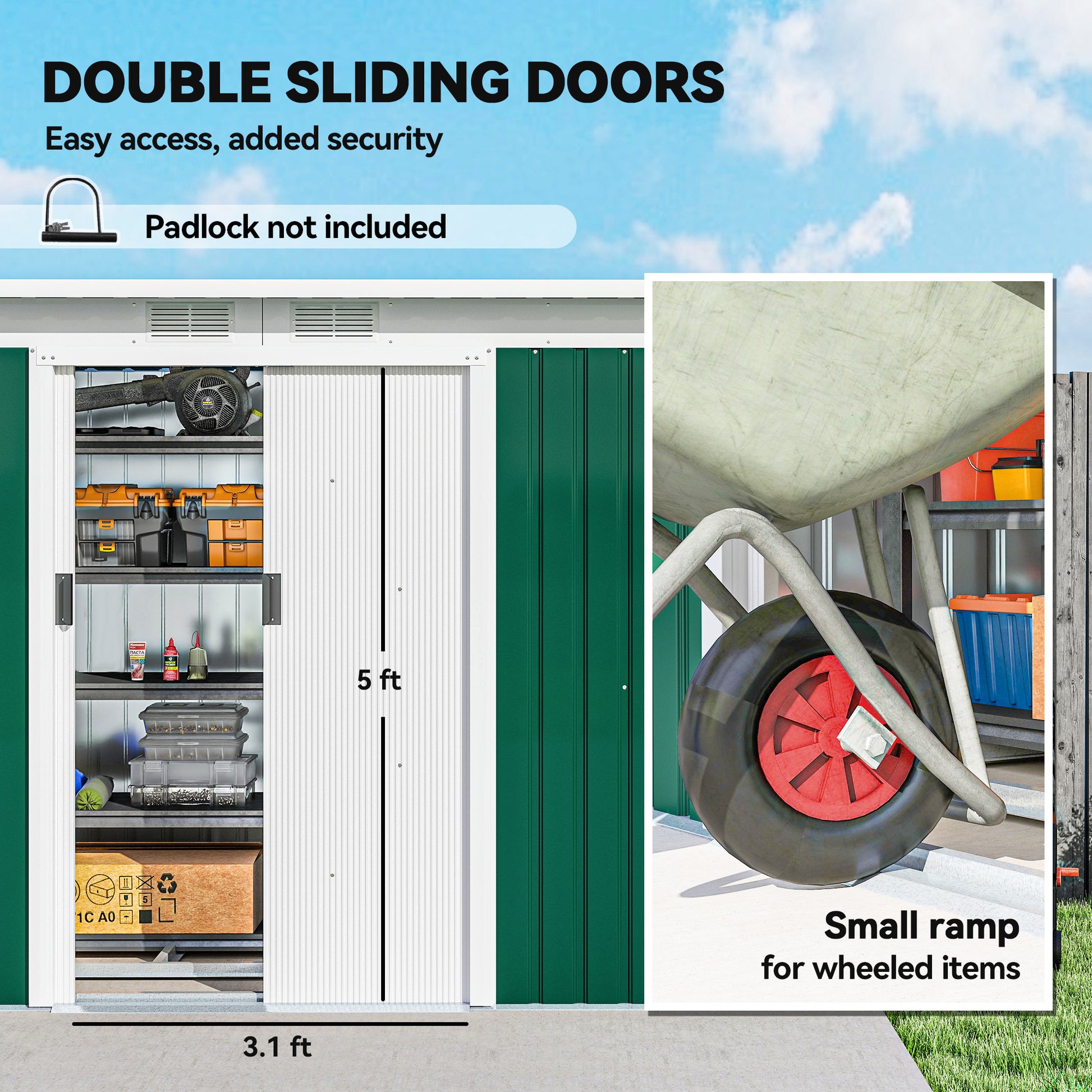 9' x 4' Metal Outdoor Storage Shed, Tool House with Double Lockable Doors for Backyard, Patio, Lawn, Garage, Dark Green