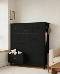 10-Drawer Dresser With Side Pocket & Hooks, Storage Cabinet With Wood Top For Bedroom Closet Organization
