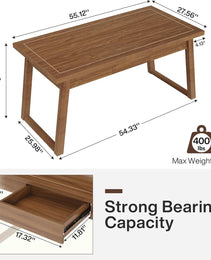 Home Office Executive Desk: 55 Inches Wooden Computer Desk With Drawer, Mid-Century Modern Study Writing Table