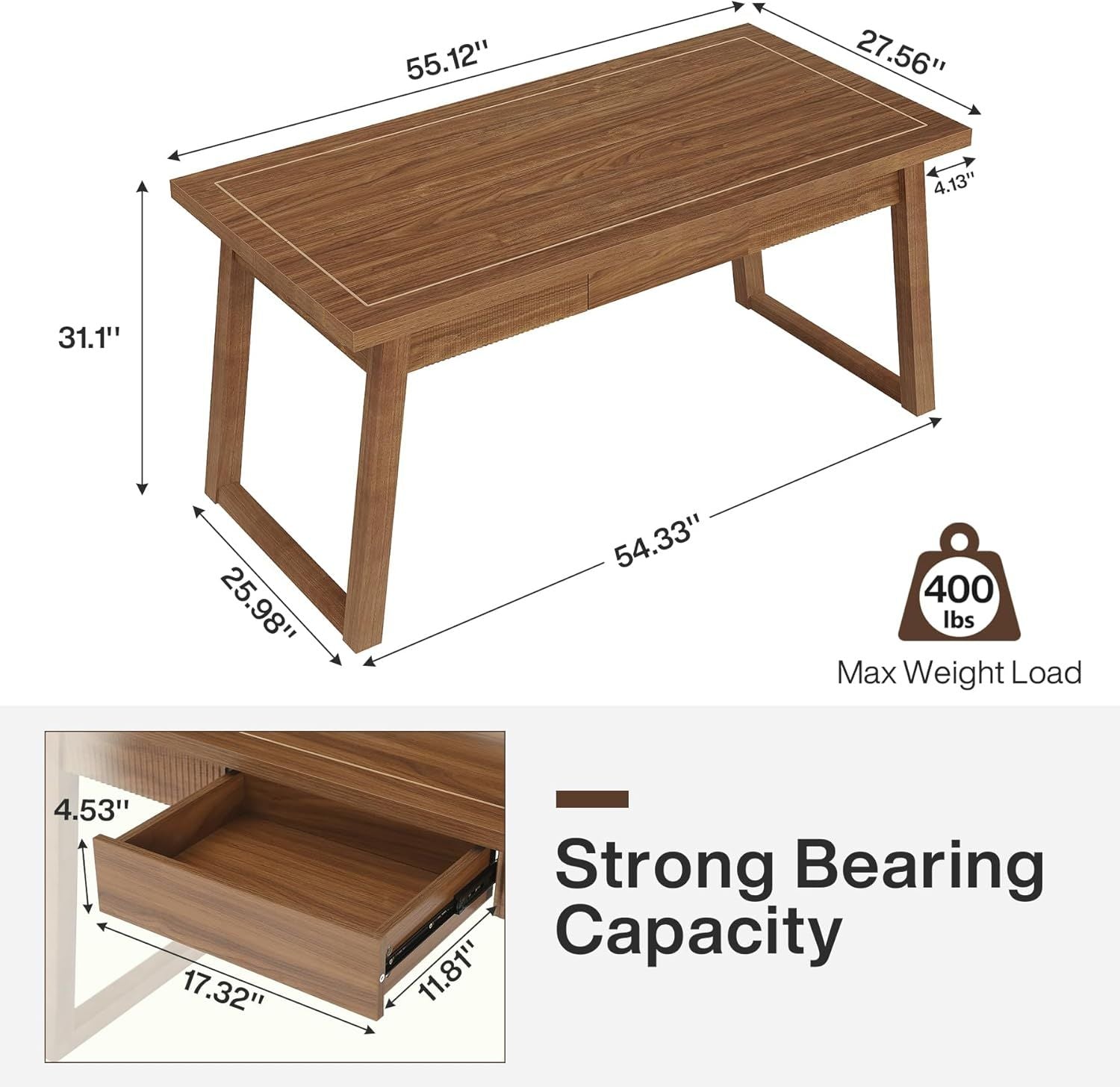 Home Office Executive Desk: 55 Inches Wooden Computer Desk With Drawer, Mid-Century Modern Study Writing Table