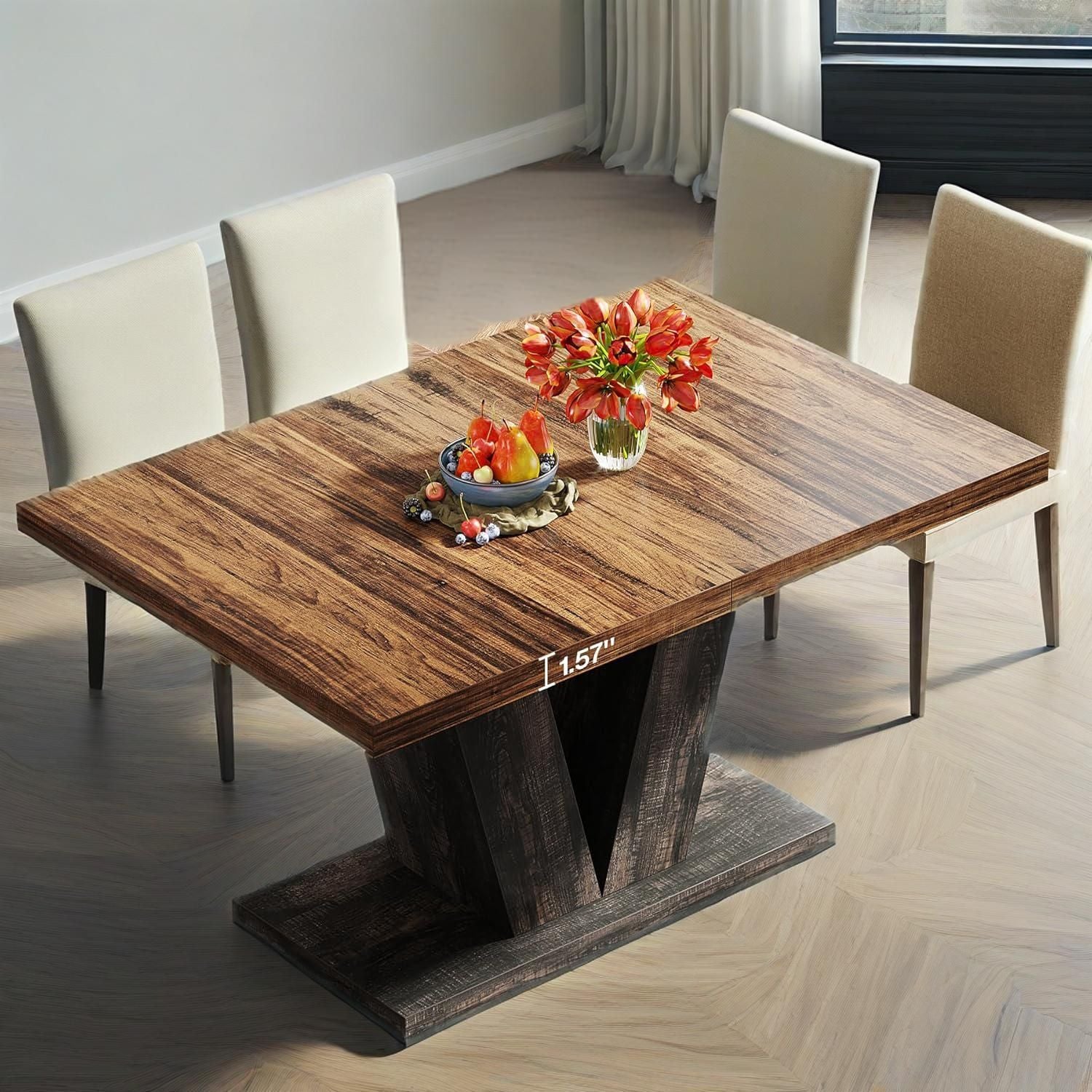 47-Inch Dining Table For 4, Black Kitchen Dinner Table With Heavy Duty Pedestal, Farmhouse Wooden Eating Table