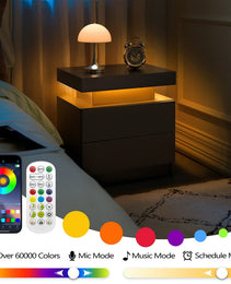 Nightstand LED Bedside Table Cabinet Lights Modern End Side With 2 Drawers For Bedroom Black