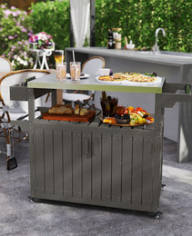 Outdoor Bar Cart with Storage, Stainless Steel Outdoor Bar Table Top, Wheeled HDPE Kitchen Island for Food Prep, Gray