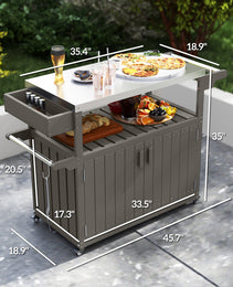 Outdoor Bar Cart With Storage, Stainless Steel Outdoor Bar Table Top, Wheeled HDPE Kitchen Island For Food Prep, Gray