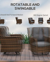 4 Piece PE Rattan Outdoor Patio Furniture Set, Wicker Conversation Set with 2 Swivel Glider Chairs, 2-Tier Glass Table and Loveseat for Garden, Patio, Poolside, Gray