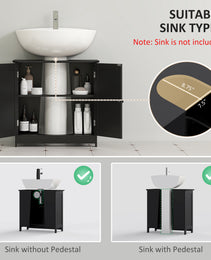 Under Sink Bathroom Cabinet, Pedestal Sink Storage Cabinet with 2 Doors, Shelf and U-Shape, Black