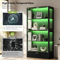 66 Display Cabinet with Glass Doors for Living Room, MDF Wood in Matte Black, 7-Color LED Lights and Fluted Drawer