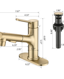 Bathroom Sink Faucet With Pull Out Sprayer, Single Handle Modern Bathroom Basin Faucet With Pop-up Sink Drain Stopper & Deck Plate,Brushed Gold