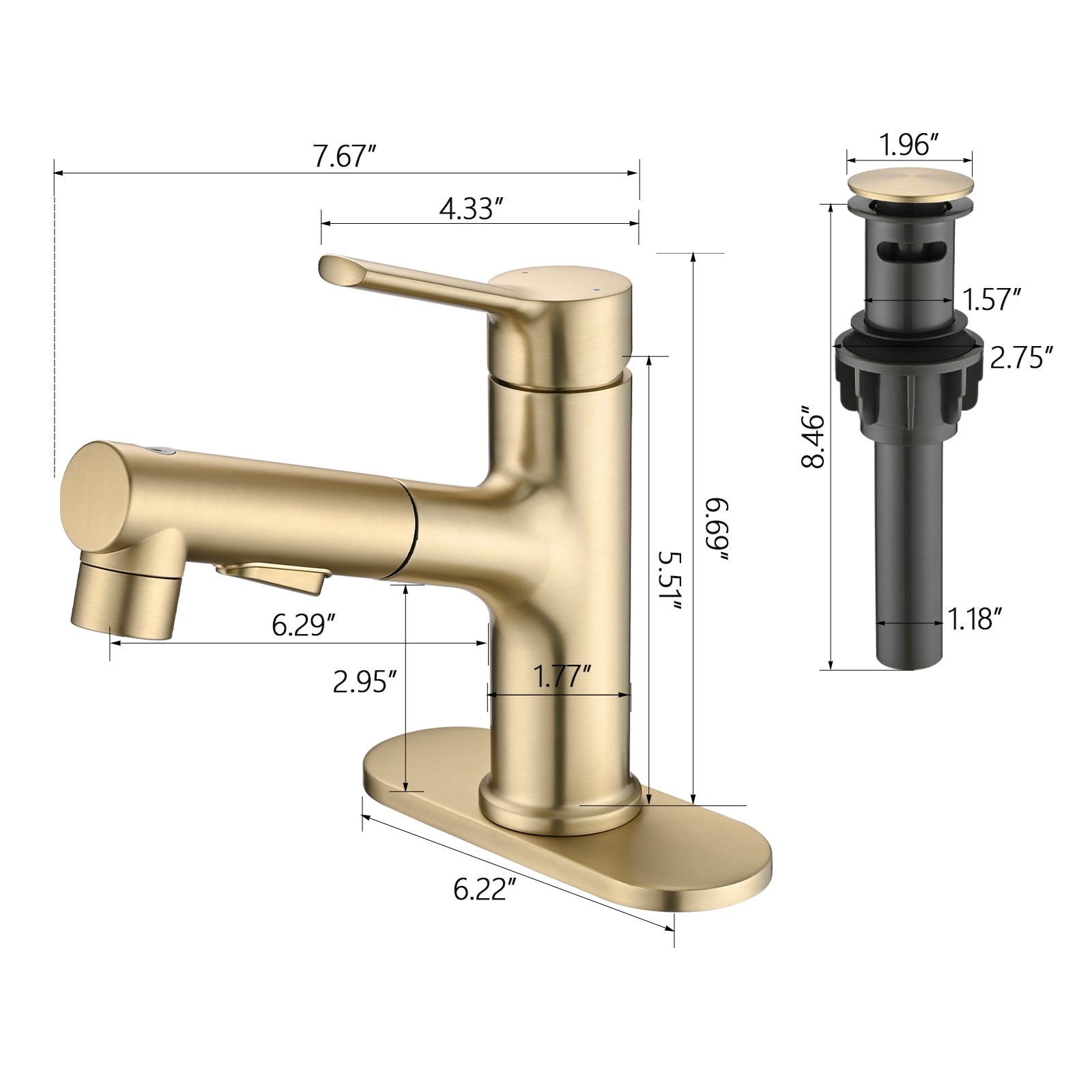 Bathroom Sink Faucet With Pull Out Sprayer, Single Handle Modern Bathroom Basin Faucet With Pop-up Sink Drain Stopper & Deck Plate,Brushed Gold