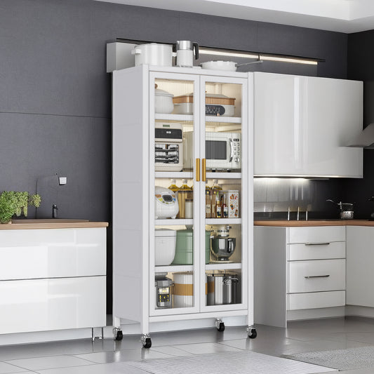 Open-door Kitchen Shelving Floor-to-ceiling Multilevel Household Microwave Storage Cabinet Bowls Side Cabinets Cabinets Storage Cabinets White Color